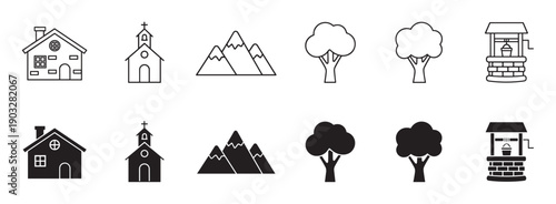 Set of black vector icons depicting a house, church, mountain, tree, and water well in both outline and solid silhouette styles for graphic design elements