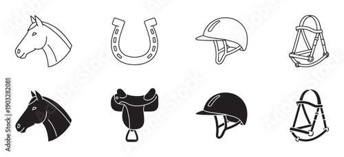 Horse riding equipment and animal icons collection with a horse head, horseshoe, saddle, bridle, and helmet in simple black line art and solid filled silhouette styles