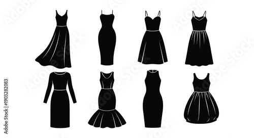 Collection of black silhouette dresses with varying styles and lengths