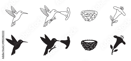 Set of black hummingbird icons and elements featuring a flying bird, a nest, and a flower, presented in both simple line art and solid silhouette vector styles