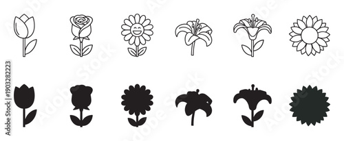 Collection of black flower icons in two styles, featuring minimalist line art and solid silhouette versions of a tulip, rose, daisy, lily, and sunflower for graphic design