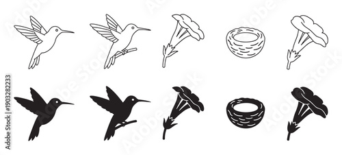 Collection of black hummingbird icons including flying and perched birds, flowers, and a nest in both outline and solid silhouette graphic design styles