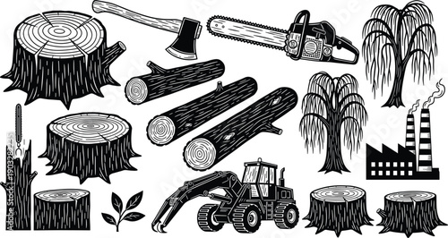 Deforestation illustration, logging machine, chainsaw cutting trees, industrial factory pollution, tree stumps, willow trees, timber processing, forest destruction, , wood industry, nature loss