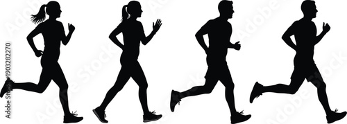 Male and female running silhouette set showing athletic joggers in motion for fitness, sport training, exercise, and healthy lifestyle concepts