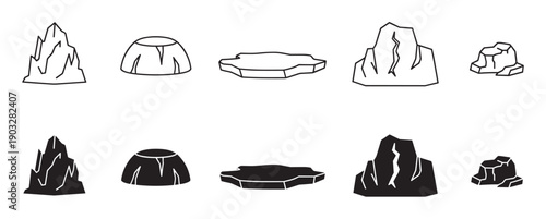 Set of iceberg and glacier icons in outline and solid silhouette styles, featuring various shapes of arctic ice floes and frozen water formations for graphic design elements