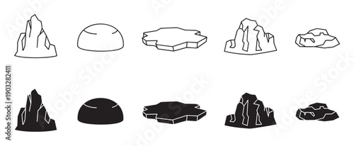Set of black rock and mountain icons presented in two styles, a simple line art outline and a solid silhouette, featuring various geological shapes like peaks, domes, and stones