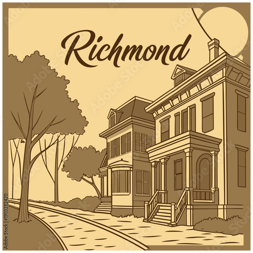 Richmond Neighborhood Illustration with Historic Row Houses and Tree Lined Sidewalk