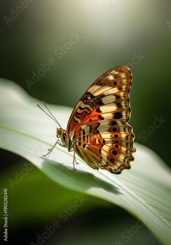 Detailed Close Up of Butterfly on Green Leaf in Sunlight