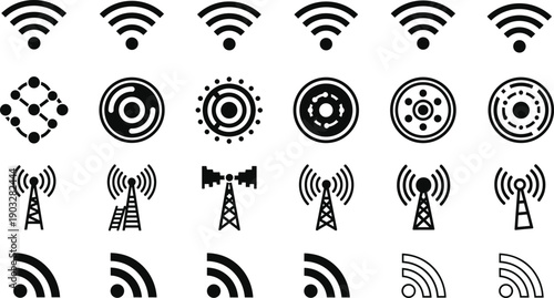 Wireless signal and network icon set with wifi symbols, communication towers, radar, and connectivity elements in black vector illustration style