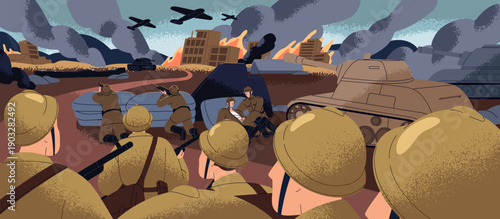 The Second (II) World War. Attack with tanks, planes, and bombs at WW2. Battlefield with smoke sky and shooting army. Scene of city ruins with soldiers and armor machines. Flat vector illustration.