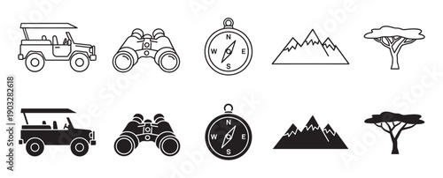 Black safari adventure icon set with a jeep, binoculars, compass, mountains, and tree in both outline and solid silhouette styles for graphic design