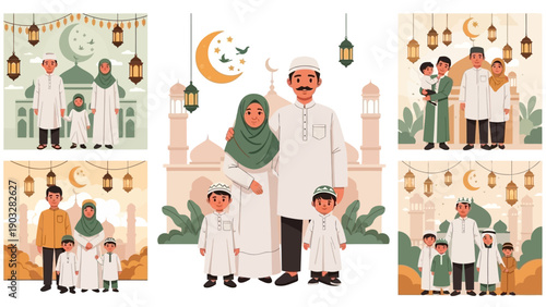 Family Celebrating Eid al-Fitr Together in Front of Mosque with Crescent Moon and Lanterns Graphic Illustrations
