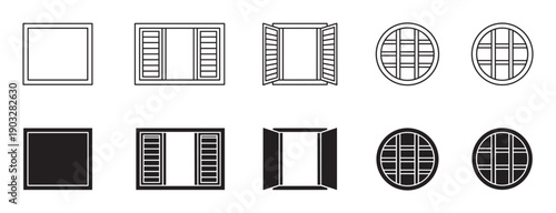 Black and white window icon collection featuring various designs like square, round, and rectangular frames with open and closed shutters in outline and solid silhouette styles