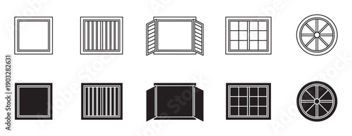Set of black and white window icons in outline and solid styles features various architectural designs like round, paned, open shutter, and simple square frames