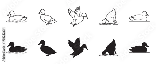 Collection of black duck icons in line art and solid silhouette styles, showing the bird in various poses like swimming, standing, flying, and diving into the water