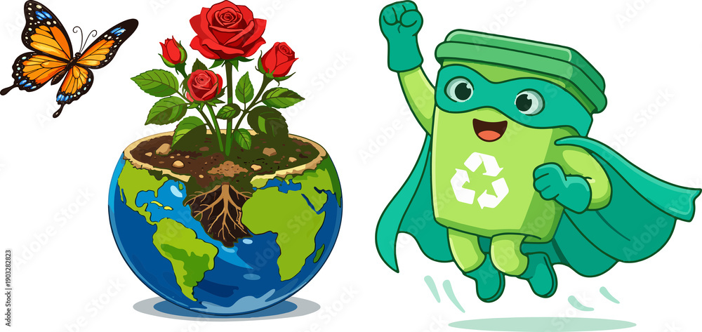 Fototapeta premium Cute Eco Superhero Character Protecting Earth with Growing Roses and Butterfly – Environmental Sustainability Cartoon Illustration
