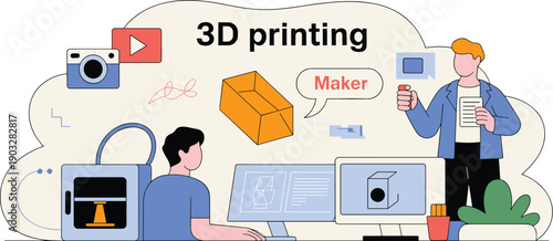 3D printing process with people, modeling software, and printer, modern design and manufacturing theme, flat vector illustration with icons