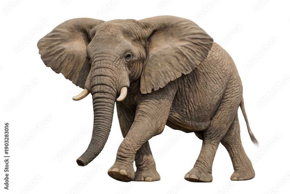 Fototapeta premium African bush elephant walking, showing its large tusks, ears, and trunk on a transparent background, wildlife conservation