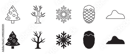 Set of black winter icons featuring a Christmas tree, bare tree, snowflake, pinecone, and snowdrift in both line art and solid silhouette styles for seasonal design