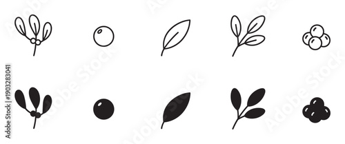 Set of black botanical Christmas icons featuring mistletoe, berries, and leaves in minimalist outline and solid silhouette styles for festive holiday design