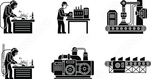 Industrial worker welding metal, machine operator using lathe, CNC automation drilling process, heavy equipment compressor, conveyor belt manufacturing, factory production line icons