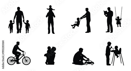 Silhouettes of fathers interacting with their children in various activities