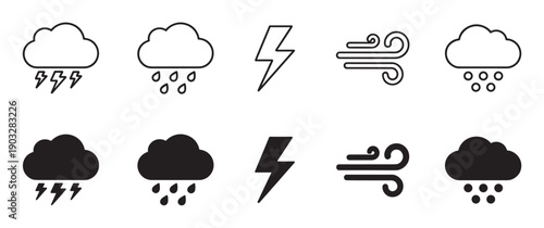 Collection of black weather forecast icons in outline and solid fill styles, depicting rain, thunderstorm, lightning bolt, wind gust, and hail symbols for climate applications