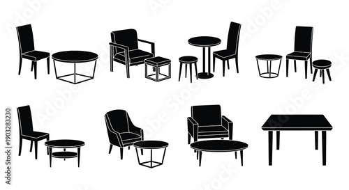 Black and white illustration of various furniture arrangements and designs