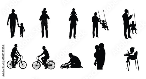 Silhouettes of fathers interacting with their children in various activities