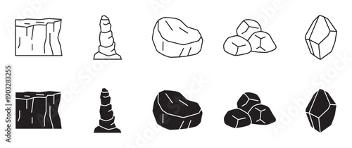 Collection of black rock and mineral icons in line art and solid silhouette styles, illustrating geological formations like cliffs, stalagmites, boulders, and faceted crystals
