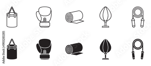 Collection of black and white boxing icons showing a punching bag, glove, hand wrap, speed bag, and jump rope in minimalist line art and solid silhouette designs