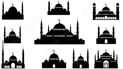 Collection of Mosque Silhouettes against a Neutral Background from Various Viewpoints