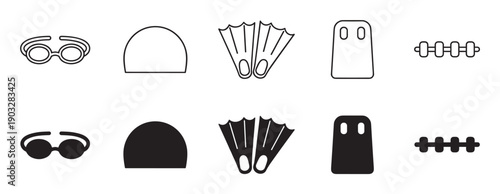 Swimming equipment icon set featuring goggles, cap, flippers, kickboard, and pull buoy in two minimalist styles, a simple black outline and a solid filled silhouette