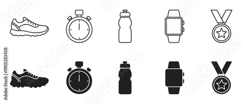 Set of running and fitness icons in two styles, line art and solid silhouette, showing a sneaker, stopwatch, water bottle, smartwatch, and medal for athletic concepts