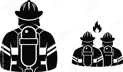 Fireman, firefighters in silhouette. 
