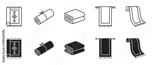 Towel and rug icon set collection in line art and solid glyph styles showing folded, rolled, and hanging textiles for bathroom or home decor concepts