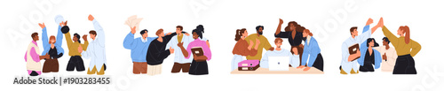 Business team celebrates win together set. Happy colleagues, congratulate with work success. People are coworking, employees support, rejoice at teamwork. Flat isolated vector illustrations on white.