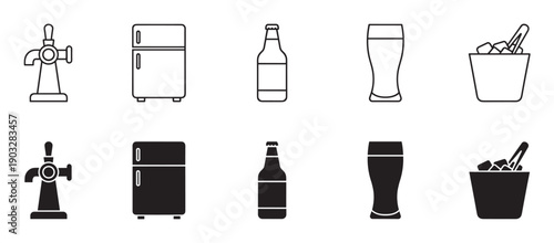 Set of black beer and beverage icons showing a tap, refrigerator, bottle, glass, and ice bucket in two different styles, line art outline and solid glyph silhouette