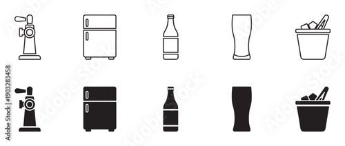 Black beer and beverage icon collection set in two styles, line art and solid glyph, featuring a tap, refrigerator, bottle, glass, and an ice bucket with tongs
