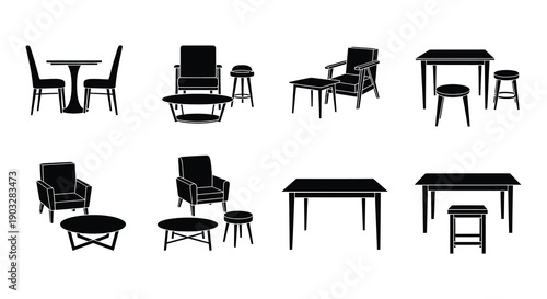 Black and white illustration of various furniture arrangements and designs
