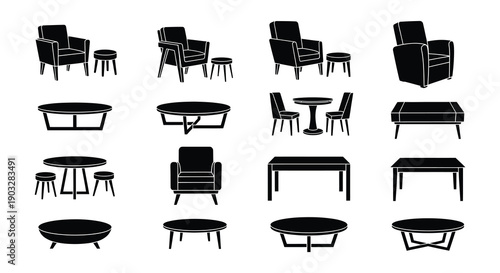 Black and white illustration of various furniture arrangements and designs