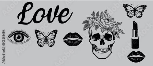 A collection of graphic elements featuring the word 'Love', a skull adorned with flowers, eyes, butterflies, and lipstick, presented on a grey background