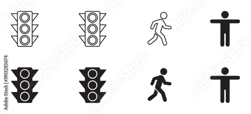 Black and white traffic light and pedestrian signal icons in a minimalist set featuring line art and solid glyph styles for road safety and urban navigation concepts