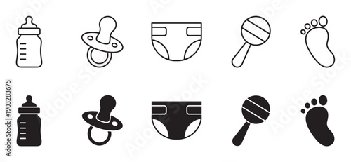 Set of black baby care icons showing a bottle, pacifier, diaper, rattle, and footprint in two styles, a simple line art outline and a solid filled silhouette design