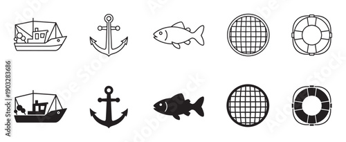 Set of fishing and nautical icons in black, featuring a boat, anchor, fish, net, and lifebuoy in both line art and solid silhouette vector styles