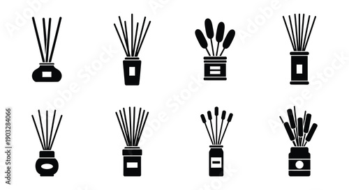 Black and white illustration of various reed diffuser arrangements in vases