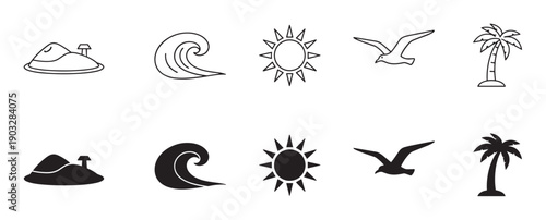 Set of black summer beach icons featuring an island, wave, sun, bird, and palm tree in both outline and silhouette styles for graphic design and web elements