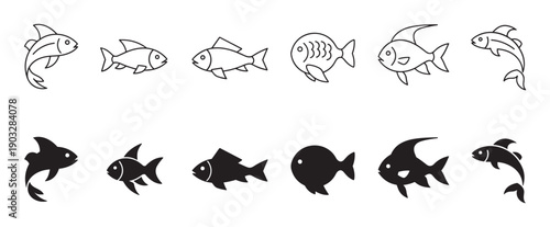 Collection of simple black fish icons presented in two styles, line art and solid silhouette, showcasing various stylized shapes for a minimalist graphic design element
