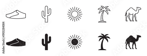 Set of desert themed icons including a sand dune, cactus, sun, palm tree, and camel, shown in both black line art and solid silhouette graphic styles for design elements