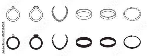 Set of black jewelry icons featuring rings, necklaces, bracelets, and earrings presented in minimalist line art and solid silhouette vector styles for graphic design